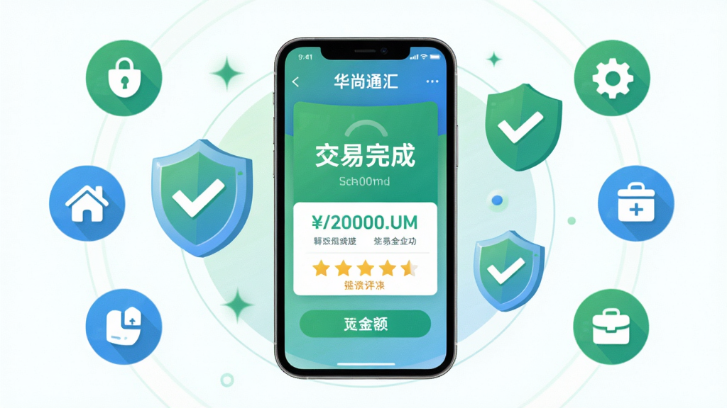 图片主体为华尚通汇APP使用场景,手机屏幕显示交易成功界面,周围有安全盾牌、对勾等图标;布局采用手机居中,四周环绕功能图标;排版疏密有致;风格为清新商务插画,绿色与蓝色主色调;细节包括“交易完成”字样、金额数字、五星好评;画质高清,无多余元素。