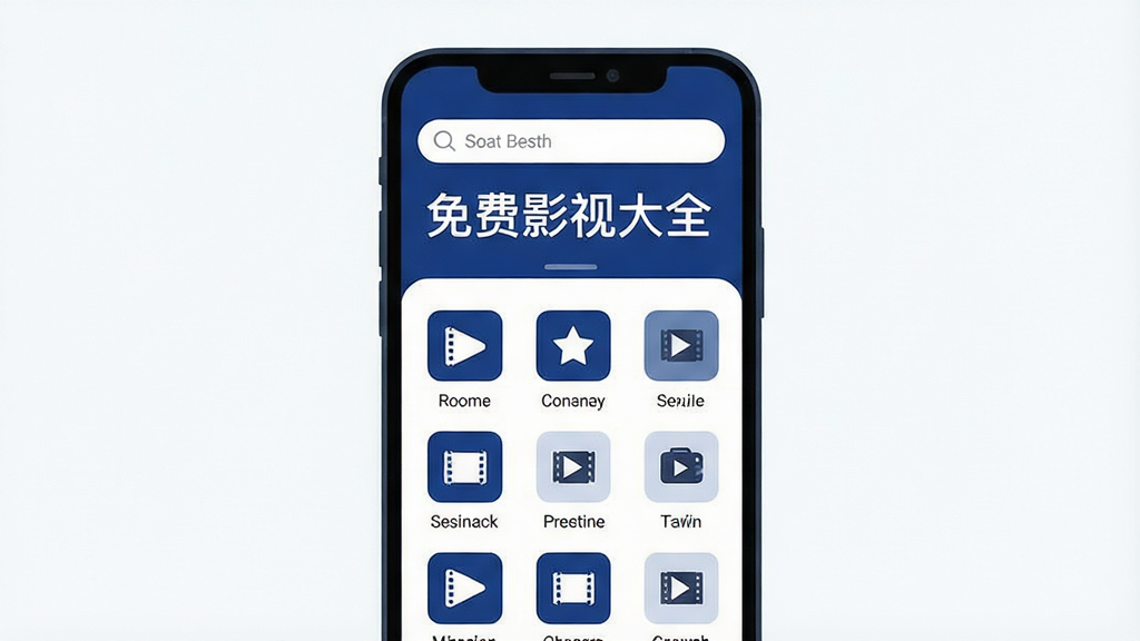 一幅现代扁平化风格的应用预览图,主体为手机屏幕展示“免费影视大全”主界面,顶部搜索栏,下方分类图标排列整齐,界面以深蓝色和白色为主色调,画质干净,无多余元素,文字“免费影视大全”清晰显示。