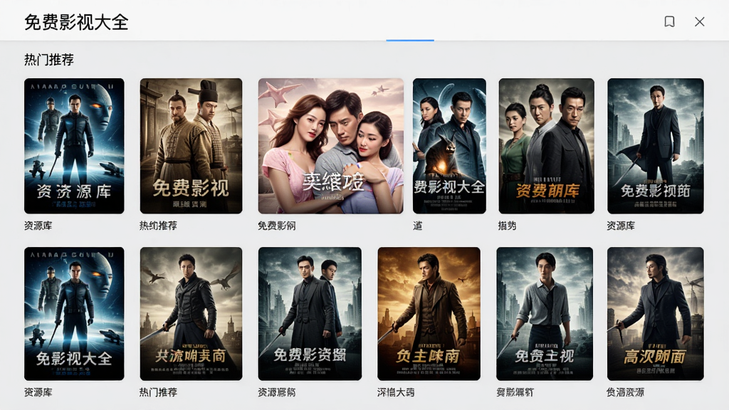 一张展示资源库的界面截图,主体为“免费影视大全”的“热门推荐”页面,网格布局展示多个电影海报缩略图,包含科幻、古装、爱情等类型,背景为浅灰色,风格简洁明亮,画质干净,无多余元素。