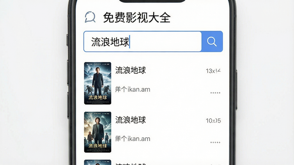 一张手机搜索界面示意图,主体为“免费影视大全”的搜索页面,输入框内显示“流浪地球”,下方列出多条搜索结果列表,每条结果包含海报小图和片名,背景为白色,风格简约,画质干净,无多余元素。