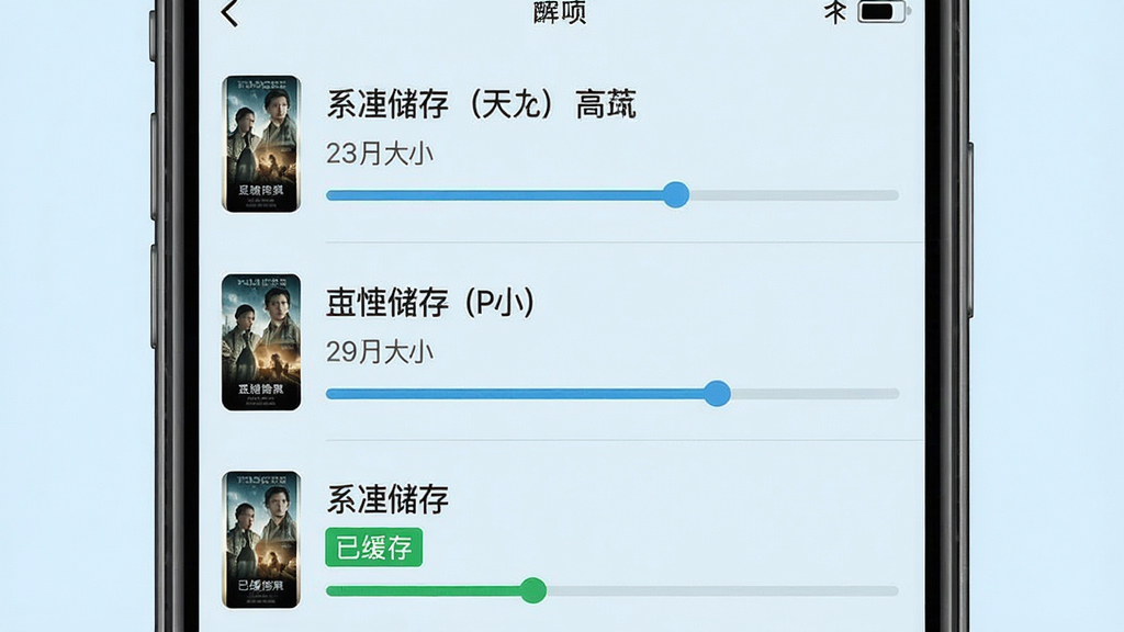 一张离线缓存列表截图,主体为手机界面,列表显示三部已缓存电影名称、大小和进度条,其中一部显示“已缓存”绿色标签,背景为浅蓝色,风格清爽,画质干净,无多余元素。