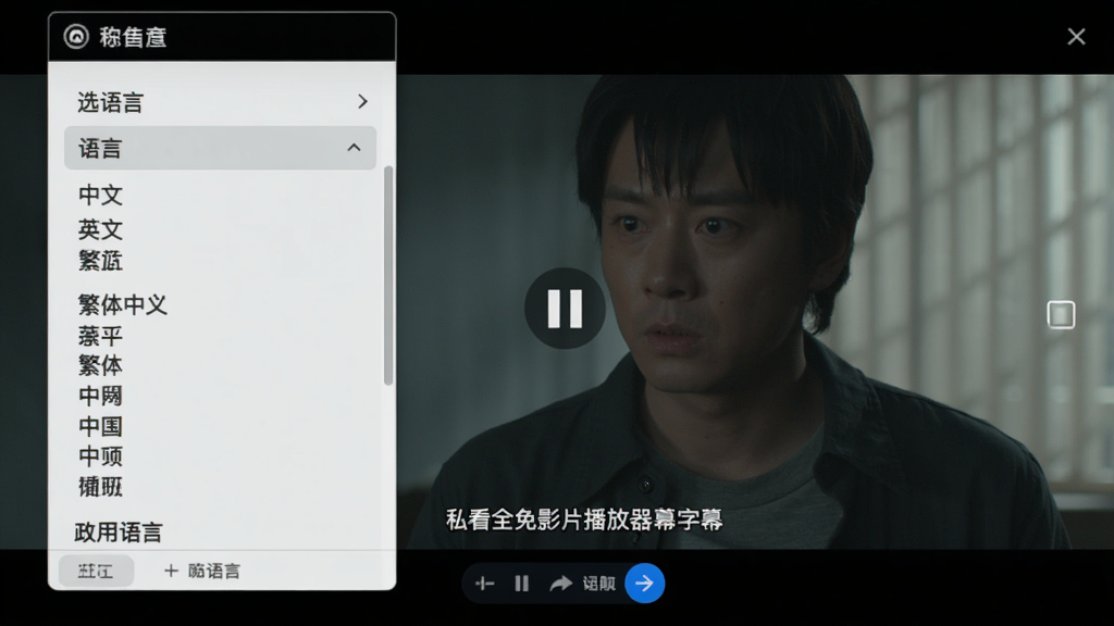 私看全免影片播放器字幕设置界面,显示字幕语言选择列表,包含中文、英文、繁体中文等,背景为电影暂停画面,字幕文字清晰,界面简洁,操作按钮明显,画质干净
