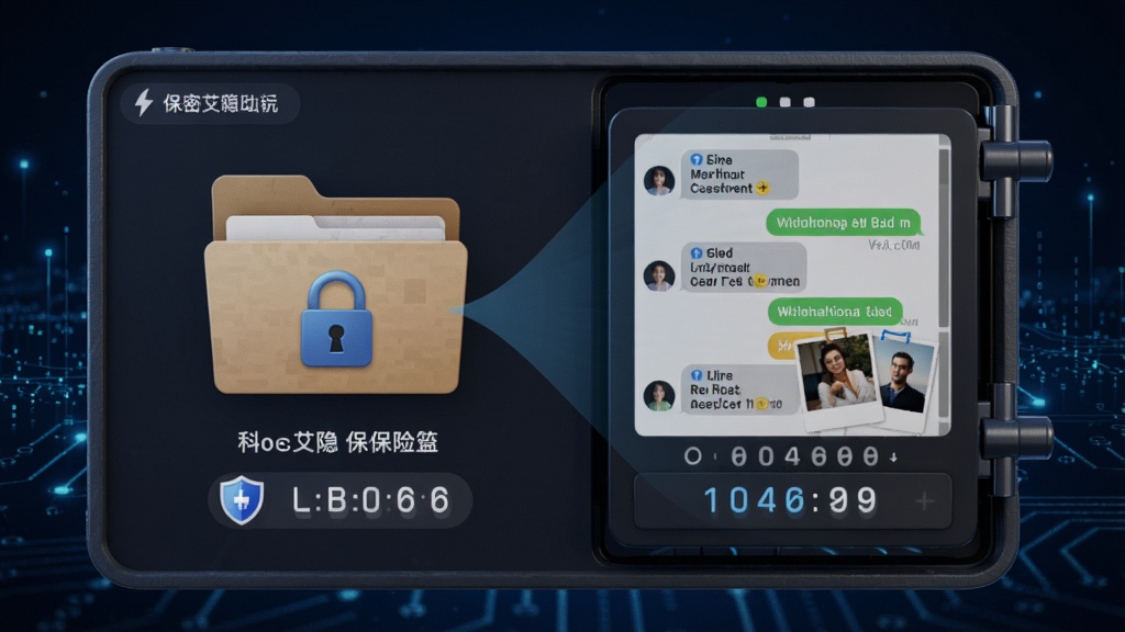 科希艾隐私保险箱功能展示图,界面显示一个带锁的文件夹图标,输入密码后展示内部隐藏的聊天记录和图片,背景为深蓝色科技感风格,强调安全与保密,画质高清,细节丰富