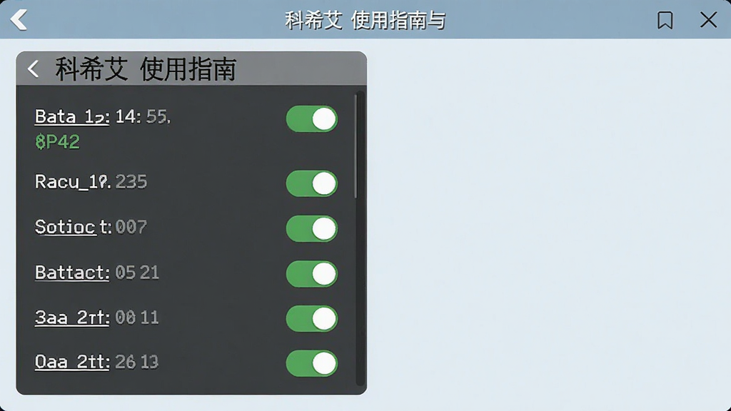 科希艾使用指南与设置界面截图,展示设置菜单中的各项开关和选项,背景为浅色,界面整洁,画质清晰