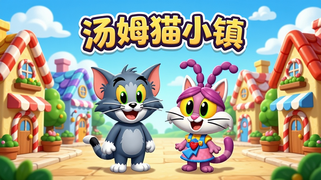 画面中央是汤姆猫与安吉拉站在色彩明亮的卡通小镇广场上,周围是糖果色的小屋与绿植,背景是蓝天白云,整体构图以小镇全景为主,人物表情开心,画风Q版圆润,细节丰富,画质干净,无多余元素,文字“汤姆猫小镇”以艺术字体置于画面上方