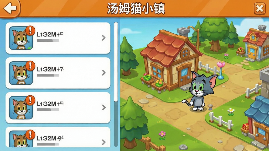 游戏任务界面截图,左侧显示任务列表,右侧是汤姆猫小镇的局部场景,任务图标带有感叹号,界面简洁明了,色彩鲜艳,卡通风格,画质干净,无多余元素,文字“汤姆猫小镇”作为标题显示在顶部