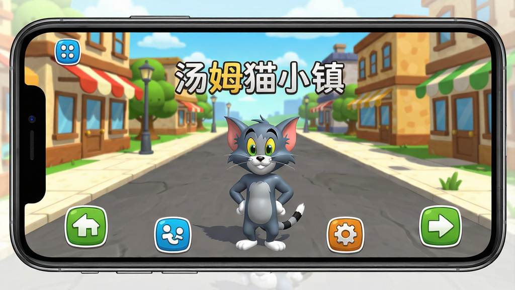 手机横屏显示汤姆猫小镇游戏画面,界面清晰,角色站在街道上,下方有操作按钮,整体色调明亮,卡通风格,画质干净,无多余元素,文字“汤姆猫小镇”显示在屏幕中央