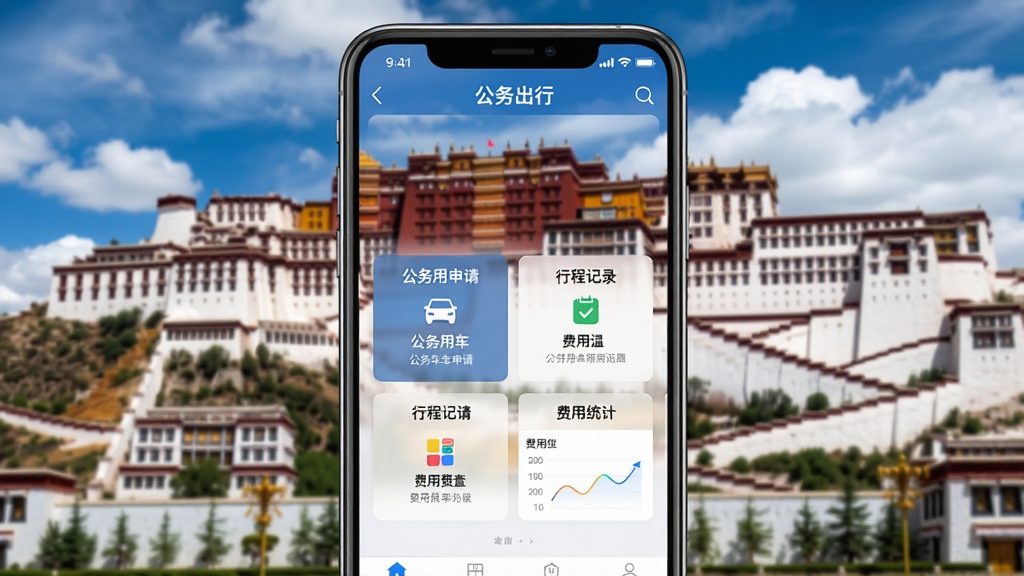 一张展示拉萨公务出行APP在智能手机上运行的界面截图,背景是拉萨布达拉宫和蓝天白云,主体是APP主界面,显示公务用车申请、行程记录、费用统计等核心功能模块,布局清晰,排版整齐,风格写实,细节丰富,画质高清,干净无多余元素。