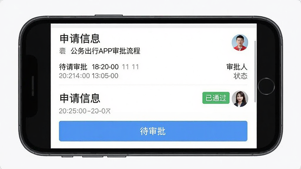 一张展示拉萨公务出行APP审批流程界面的图片,主体是手机屏幕上的审批列表和状态标签,如“待审批”、“已通过”,布局为上下结构,上方显示申请信息,下方显示审批按钮,风格扁平化,细节包括时间戳和审批人头像,画质清晰,无多余元素。