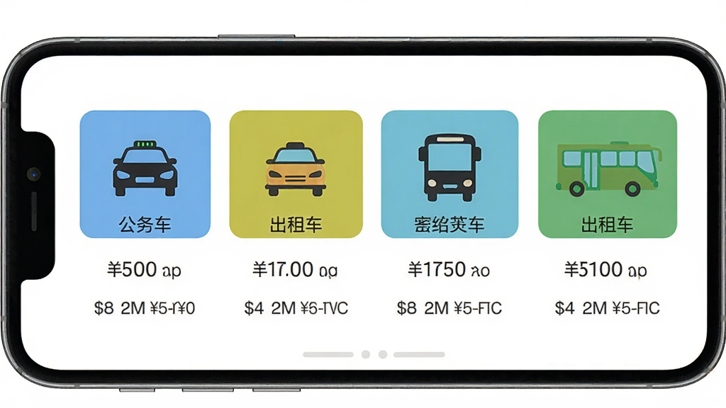 一张展示拉萨公务出行APP出行方式选择界面的图片,主体是手机屏幕上的几种出行方式图标,包括公务车、出租车、公交车,布局为横向排列,每个图标下方有文字标签,风格简洁,细节包括价格估算和预计到达时间,画质干净,无多余元素。