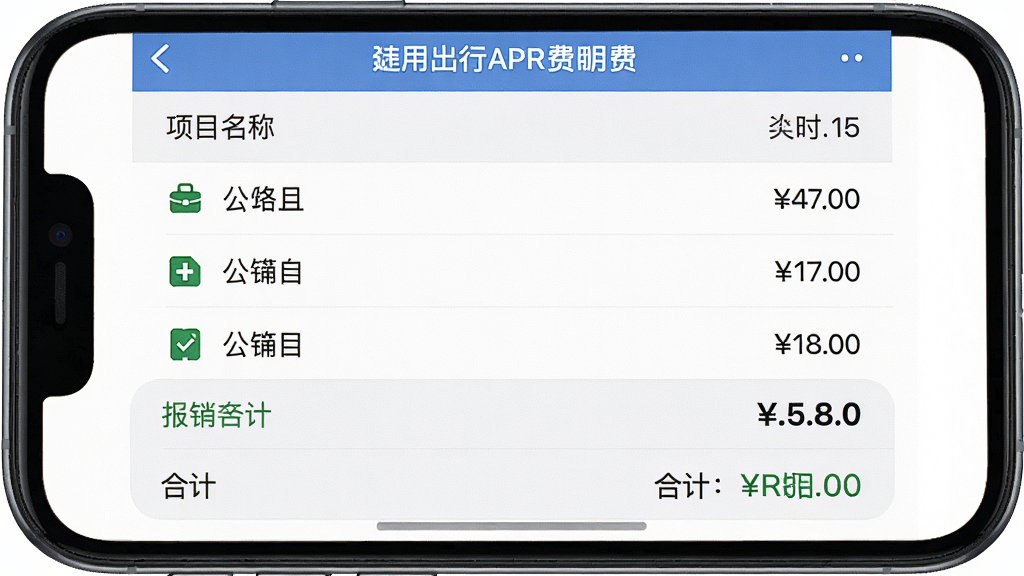 一张展示拉萨公务出行APP费用明细界面的图片,主体是手机屏幕上的费用列表,包括项目名称和金额,布局为列表形式,每行左侧是项目,右侧是金额,风格清晰,细节包括合计金额和报销状态,画质高清,无多余元素。
