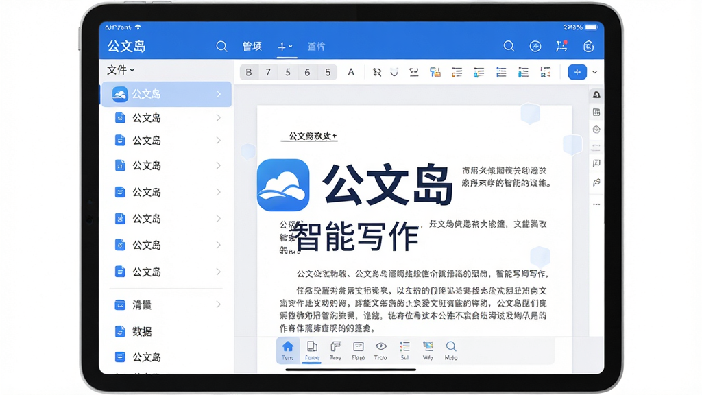 主体:一款名为“公文岛”的公文写作软件界面,展示在平板电脑上。布局:左侧为文件列表,右侧为编辑区,屏幕中央显示“公文岛”LOGO和“智能写作”字样。排版:界面整洁,功能图标清晰排列。风格:现代商务风格,蓝白配色。细节:屏幕上有模拟的公文文本段落和格式工具条。画质:高清,干净,无多余元素。