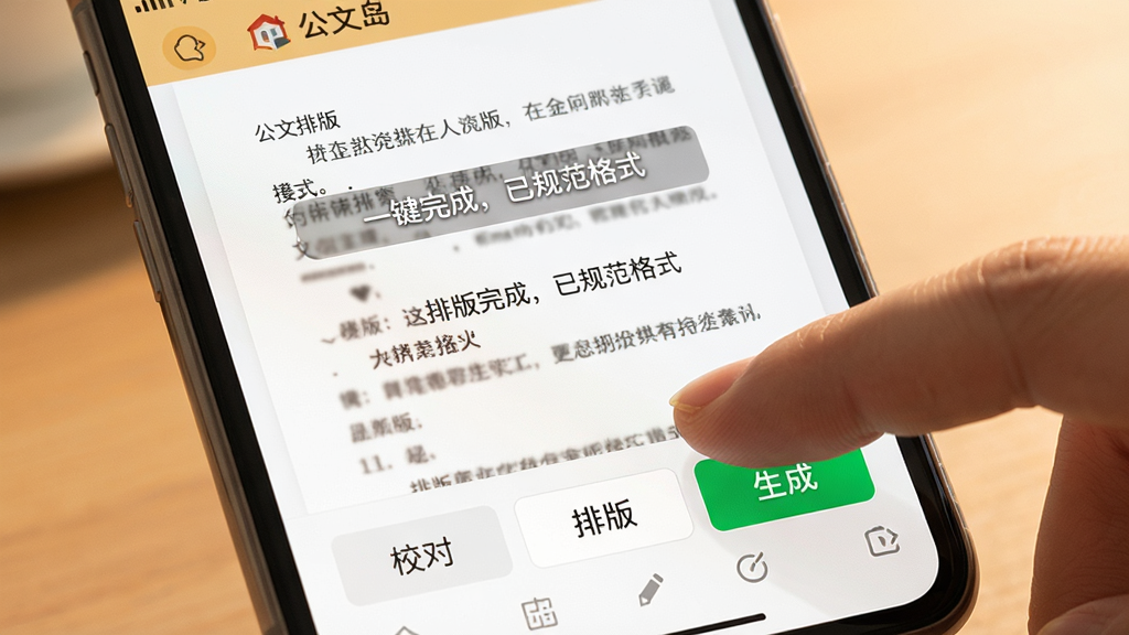 主体:手机屏幕显示“公文岛”应用,手指点击“一键排版”按钮。布局:屏幕中央是一篇公文,底部有“校对”、“排版”、“生成”按钮。排版:简洁清晰,按钮醒目。风格:写实风格,暖色调。细节:屏幕上显示“排版完成,已规范格式”提示。画质:高清,干净,无多余元素。