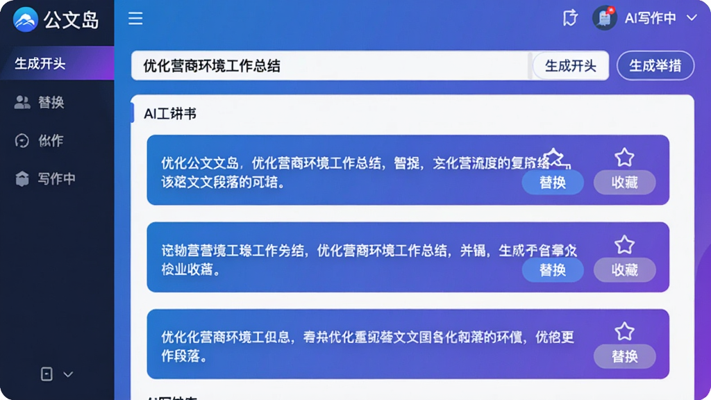主体:“公文岛”软件界面显示AI生成公文段落的功能,有“生成开头”、“生成举措”等按钮。布局:上方为输入框,输入“优化营商环境工作总结”,下方生成三段文字。排版:生成内容以卡片形式展示,每段有“替换”和“收藏”按钮。风格:科技感蓝紫渐变。细节:界面有“公文岛”智能标识和文字“AI写作中”。画质:高清,干净,无多余元素。