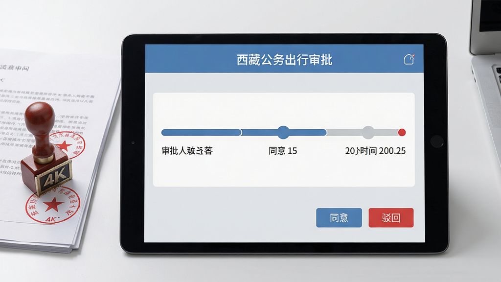 主体:平板电脑展示“西藏公务出行”审批界面,上方为流程进度条,下方为“同意”“驳回”按钮;布局:平板居中,背景为办公桌,画面左侧有文件与印章;排版:流程条横向排列,按钮位于右下角;风格:商务简约,浅灰与蓝色搭配;细节:审批人姓名与时间戳清晰可见,印章为红色圆形;画质:4K,干净无杂物