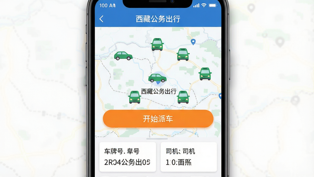 主体:手机界面展示“西藏公务出行”派车页面,地图上分布着多辆小车图标,中央有“开始派车”按钮;布局:手机屏幕居中,周围有轻微阴影,地图占屏幕70%,底部为车辆信息卡片;排版:界面简洁,顶部状态栏显示“西藏公务出行”,地图为浅色风格;风格:扁平化UI设计,蓝白主色调;细节:车辆图标为绿色,派车按钮为橙色,卡片显示车牌号与司机姓名;画质:高清,无多余元素