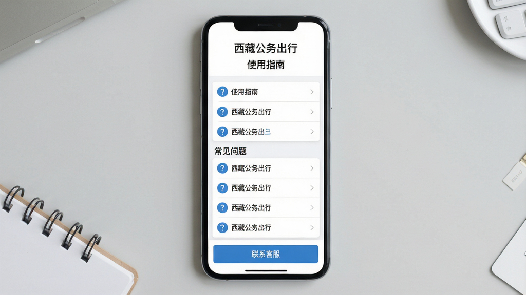 主体:一部智能手机屏幕显示“西藏公务出行”的“使用指南”界面,下方有“常见问题”列表;布局:手机竖屏居中,背景为浅灰色桌面;排版:界面以白色为主,列表项清晰;风格:简洁扁平,蓝色按钮;细节:列表项前有问号图标,底部有“联系客服”按钮;画质:高清,干净