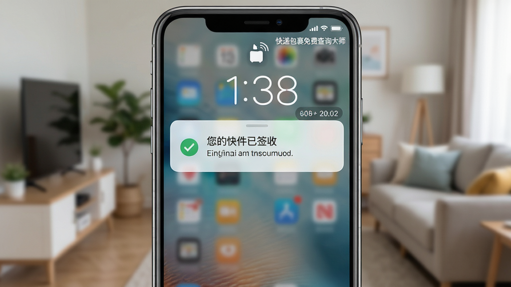 一幅展示快递包裹免费查询大师软件推送通知的手机锁屏界面,屏幕上显示“您的快件已签收”提醒卡片,右上角有“快递包裹免费查询大师”小字,背景为简单家居环境虚化,布局居中,风格真实自然,细节清晰,画质干净,无多余元素