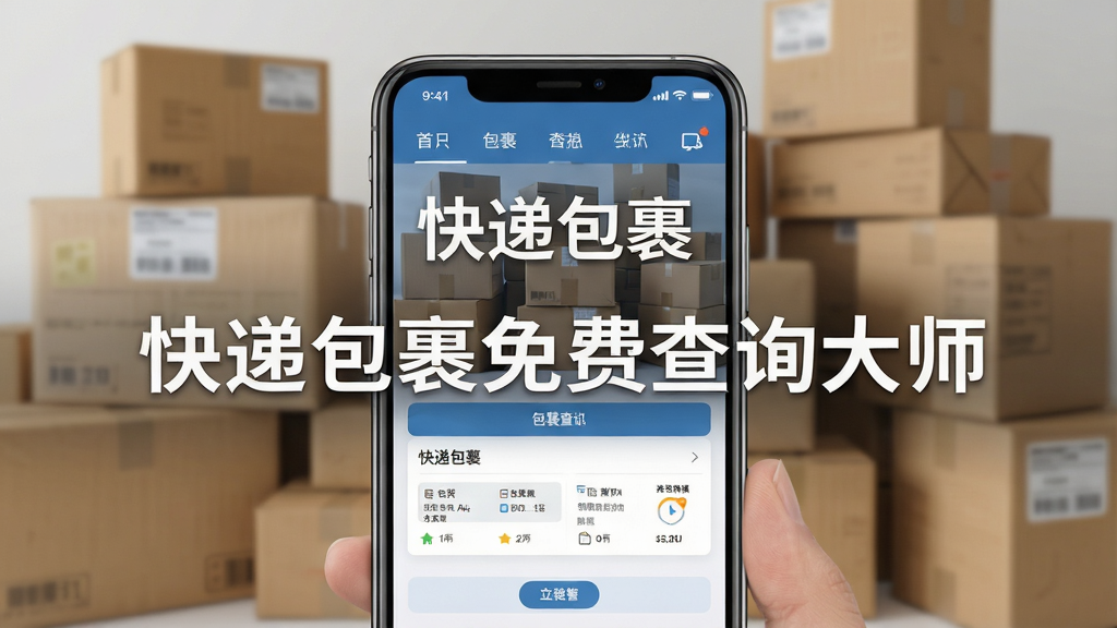 一幅展示智能手机屏幕上的快递包裹免费查询大师软件界面的高清渲染图,主界面清晰显示“快递包裹免费查询大师”字样,背景为模糊的快递包裹堆叠场景,画面中心突出,布局简洁,风格现代扁平,细节丰富,画质清晰干净,无多余元素