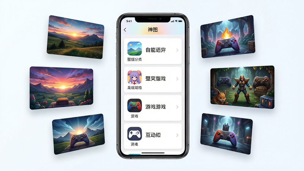 主体:手机屏幕展示神图APP中的壁纸分类列表,包括风景、动漫、游戏等标签。 布局:手机位于画面中央,周围悬浮着代表不同分类的精美壁纸缩略图。 排版:界面列表清晰,每个分类配有图标和名称。 风格:清新明亮,色彩丰富。 细节:壁纸缩略图清晰可见,分类标签醒目。 画质:高清渲染,细节丰富,画面干净。