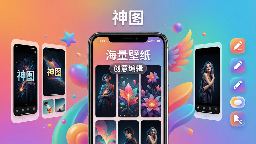 主体:展示神图APP界面,手机屏幕中显示精美壁纸画廊,周围环绕着色彩缤纷的创意元素。 布局:手机居中,背景为渐变色,左右两侧分布着壁纸缩略图与编辑工具图标。 排版:界面清晰,标题“神图”置于手机上方,下方有“海量壁纸”、“创意编辑”等字样。 风格:现代科技感,色彩鲜明,光影柔和。 细节:屏幕内壁纸图案精致,图标圆润,整体画面干净整洁。 画质:8K超清,细腻渲染,无多余元素。