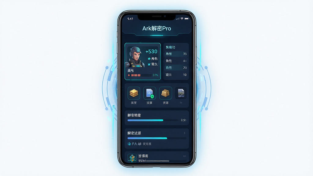 主体:一款名为“Ark解密Pro”的安卓手机软件界面,屏幕显示解密成功后的游戏角色数据与地图资源列表。布局:手机居中,屏幕内容清晰可见,周围有淡淡的蓝色科技感光效。排版:软件界面采用深色主题,数据以卡片形式排列,顶部有“Ark解密Pro”字样。风格:现代扁平化结合科技感,色调以深蓝、青色为主。细节:屏幕中展示着角色属性、资源文件图标、解密进度条,边缘有细微的发光效果。画质:8K超高清,干净,无多余元素。