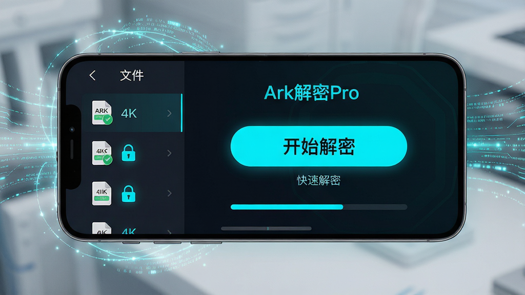主体:手机屏幕显示“Ark解密Pro”一键解密界面,中央有一个大的“开始解密”按钮。布局:手机横屏展示,周围有数据流动的光线效果。排版:界面简洁,按钮下方有进度条,左侧显示文件列表。风格:深色背景,青色高亮,科技感十足。细节:按钮下方有“快速解密”字样,文件列表中有多个加密文件图标正在被解锁。画质:4K高清,干净,无多余元素。