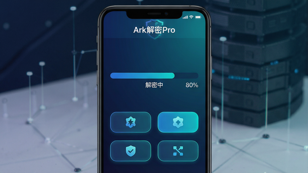 主体:手机屏幕显示“Ark解密Pro”操作界面,正在执行解密任务,进度条显示80%。布局:手机竖屏,背景为深色,屏幕内容清晰。排版:界面顶部有“Ark解密Pro”标题,中间为进度条,下方有多个功能按钮。风格:深蓝与青色渐变,现代科技感。细节:进度条上有“解密中”字样,按钮图标清晰,周围有淡淡的光晕。画质:高清,干净,无多余元素。