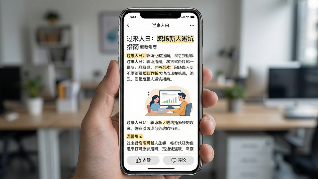主体:“过来人曰”APP内的内容详情页,展示一篇关于职场经验的分享文章。布局:手机屏幕占据画面中央,文章标题为“过来人曰:职场新人避坑指南”,下方是正文文字和插图。排版:图文混排,段落清晰,重点语句高亮显示。风格:写实风格,模拟手机阅读场景,背景虚化,突出屏幕内容。细节:屏幕内展示的文章包含小标题、列表和温馨提示等元素,文末有“点赞”和“评论”按钮。画质:高清,干净,无多余元素。