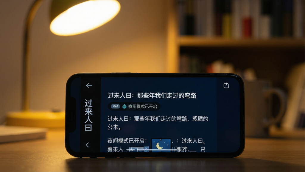主体:一部智能手机横屏放置,屏幕显示“过来人曰”APP的夜间模式界面。布局:手机位于画面中心偏下,背景是模糊的暖黄色台灯和书架。排版:界面以深蓝色和黑色为主,文字为浅灰色,显得柔和。风格:写实摄影风格,突出夜间阅读的安静氛围。细节:屏幕内显示一篇标题为“过来人曰:那些年我们走过的弯路”的文章,并配有“夜间模式已开启”的提示字样。画质:高清晰度,干净,无多余元素。