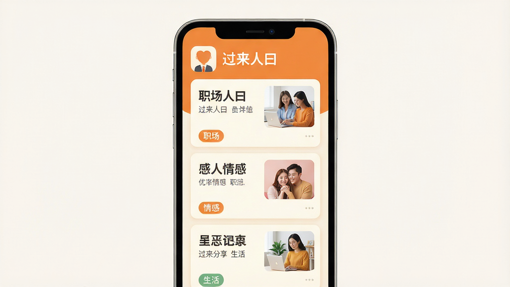 主体:“过来人曰”手机APP界面展示,主屏幕显示应用图标和名称。布局:居中构图,手机模型竖屏展示,屏幕内呈现清晰的信息流列表,包含几个不同的经验分享卡片。排版:简洁现代,卡片式布局,标题文字醒目,配图精致。风格:扁平化设计风格,色调温暖明亮,以橙色和米白色为主,传递亲切、积极的氛围。细节:界面顶部显示“过来人曰”字样,卡片上有“职场”、“情感”、“生活”等分类标签。画质:高清,干净,无多余元素。