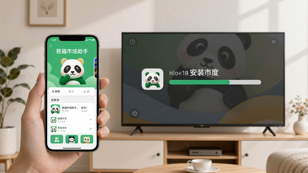 展示手机与电视连接操作场景,手机上显示“熊猫市场助手”界面,电视屏幕显示应用安装进度条,背景为简约家居环境,画质清晰,色彩柔和,突出“熊猫市场”应用名称。