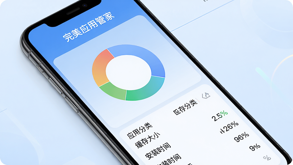 手机屏幕展示“完美应用管家”的智能检测结果页面,页面以环形图和数据列表的形式展示应用分类占比、缓存大小、安装时间等信息,背景为淡雅的渐变蓝色,数据可视化清晰直观,布局专业,画质细腻,干净无多余元素。
