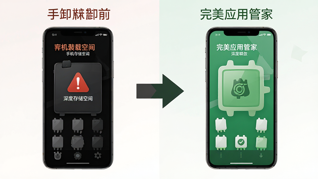 一张对比图,左侧是卸载前手机存储空间几乎占满的红色警示状态,右侧是使用“完美应用管家”深度卸载后存储空间大量释放的绿色健康状态,中间用箭头连接,视觉效果鲜明,风格简洁,画质清晰,干净无多余元素。