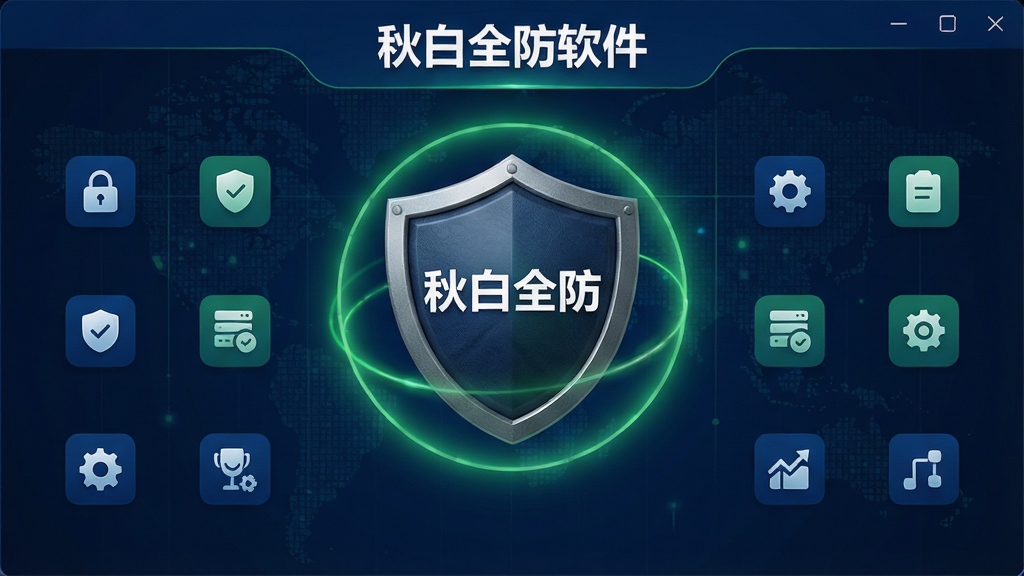 主体:秋白全防软件界面展示,中央是一个盾牌图标,盾牌上带有“秋白全防”字样,周围环绕着绿色光环,象征安全防护。布局:界面顶部为软件名称,下方分布功能图标,整体居中对称。排版:现代简约风格,功能图标排列整齐,色彩以深蓝和绿色为主,突出科技感与信任感。细节:盾牌图标质感细腻,背景有微弱的数字网格纹理,增加科技氛围。画质:高清渲染,干净无多余元素。