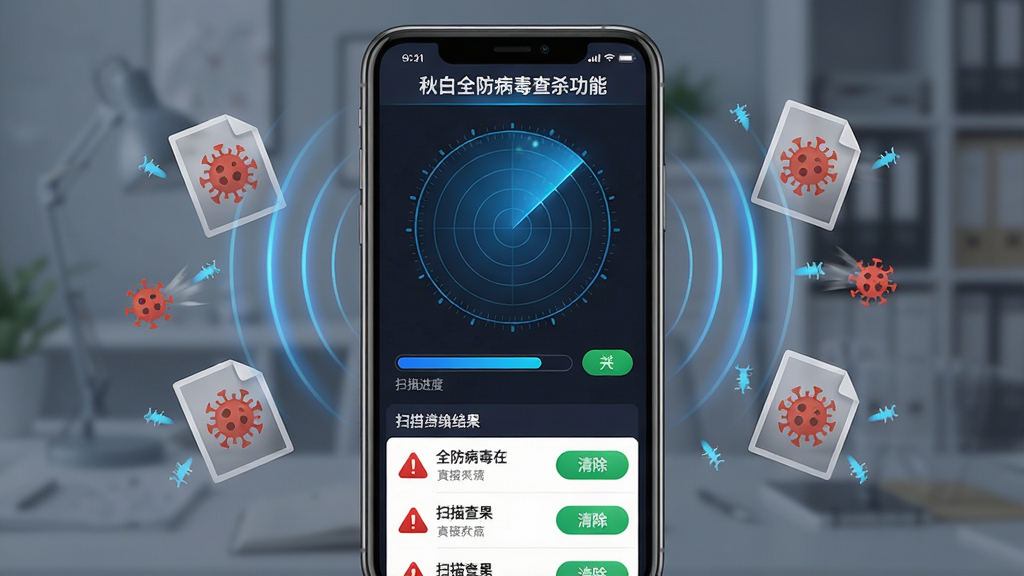 主体:秋白全防病毒查杀功能界面,手机屏幕显示扫描进度条,周围有病毒文件被清除的动画效果。布局:界面中央为扫描雷达动画,下方列出扫描结果列表。排版:简洁清晰,功能按钮醒目,色彩以深色背景搭配蓝色高亮。细节:雷达扫描波纹动态展示,病毒项以红色警示图标标出,清除按钮为绿色。画质:高清流畅,干净无多余元素。