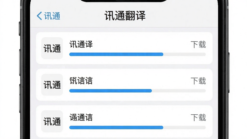 一张展示讯通翻译离线语言包下载管理界面的截图,手机屏幕上列出多个语言包选项,每个语言包后面有下载进度条,“讯通翻译”的名称出现在屏幕顶部,整体界面简洁直观,背景为白色,画质清晰,无多余元素
