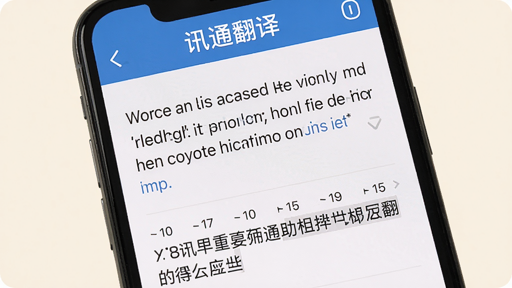 展示讯通翻译进行中英互译时的手机截图,屏幕上出现一段英文原文与对应的中文译文,上方标注“讯通翻译”字样,界面干净清晰,字体排版舒适,背景为浅色系,画质高清,无多余元素