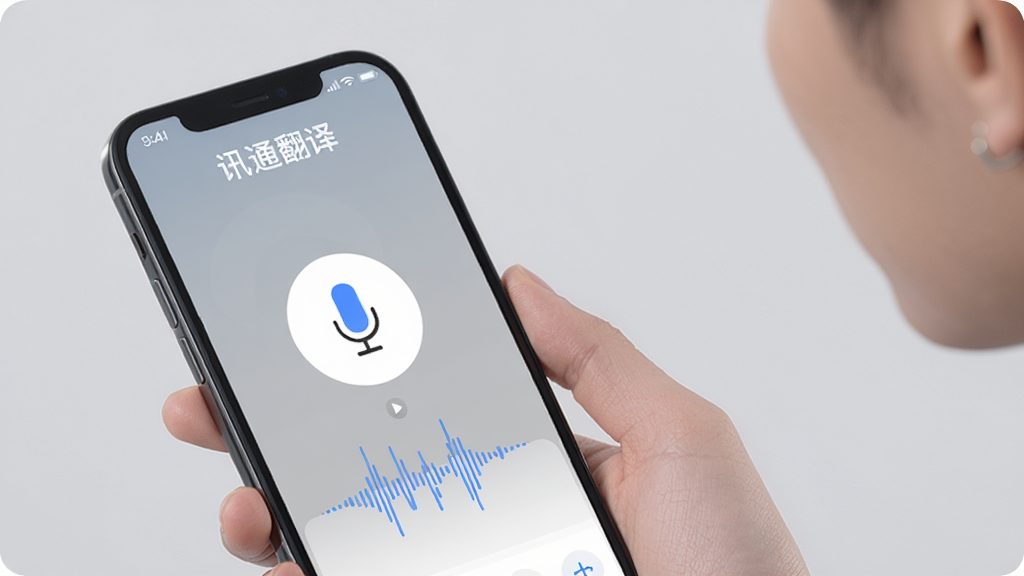 展示用户正在使用讯通翻译的语音翻译功能,手机屏幕上有麦克风图标和正在识别的波形动画,界面显示“讯通翻译”字样,背景为柔和的浅灰色,画质高清,无多余元素