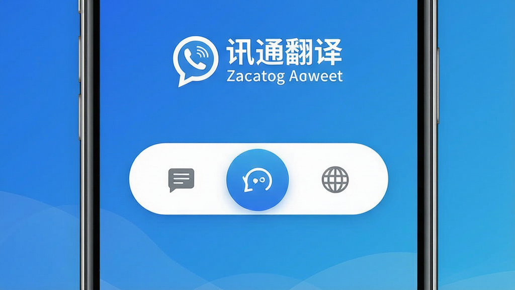 一张展示讯通翻译手机应用主界面的高清产品预览图,界面设计简洁现代,中央有一个醒目的语言切换按钮,上方显示“讯通翻译”的中英文logo,背景为渐变蓝色调,整体布局清晰,排版规整,画质干净,无多余元素