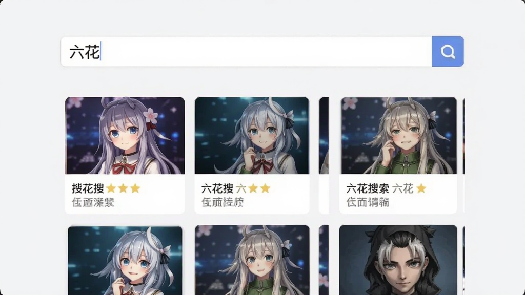 六花搜索界面,搜索框内有“六花”字样,下方展示搜索结果网格,壁纸缩略图清晰,整体界面简洁,背景浅色,干净无多余元素
