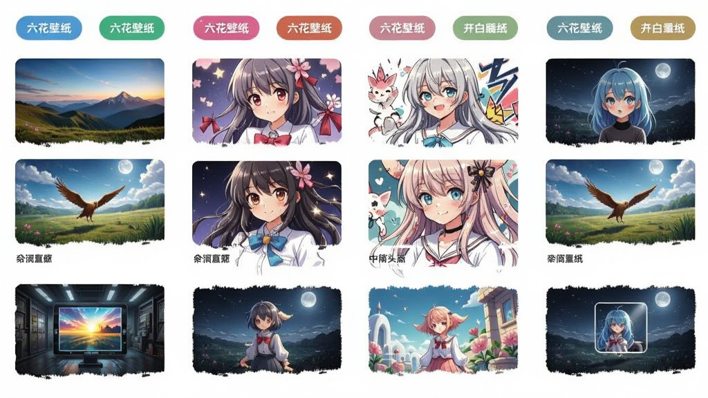 六花壁纸分类展示,手机横屏显示多个分类标签,如风景、动漫、插画等,每个分类下有几张代表性壁纸缩略图,画面明亮,色彩丰富,干净整洁