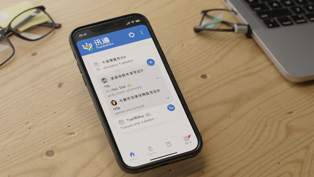 一张展示讯通翻译在手机上的实际使用效果图,手机屏幕上显示翻译结果,背景为桌面,风格自然,画质清晰,无多余元素