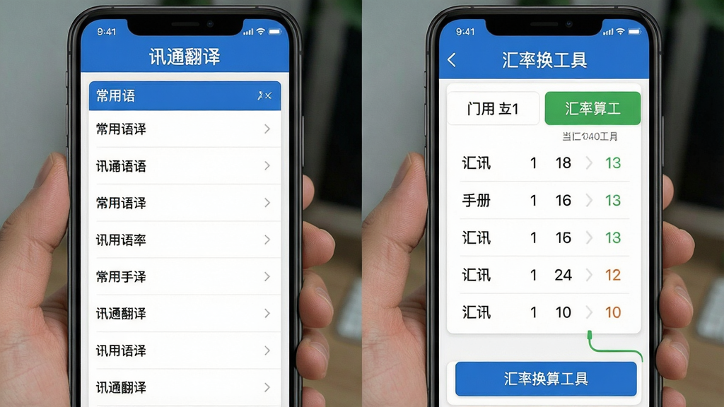 一张展示讯通翻译内置的常用语手册和汇率换算工具的手机截图,界面顶部有“讯通翻译”标题,下方分为两个模块,左边是常用语列表,右边是汇率换算器,整体布局清晰,画质优秀,无多余元素