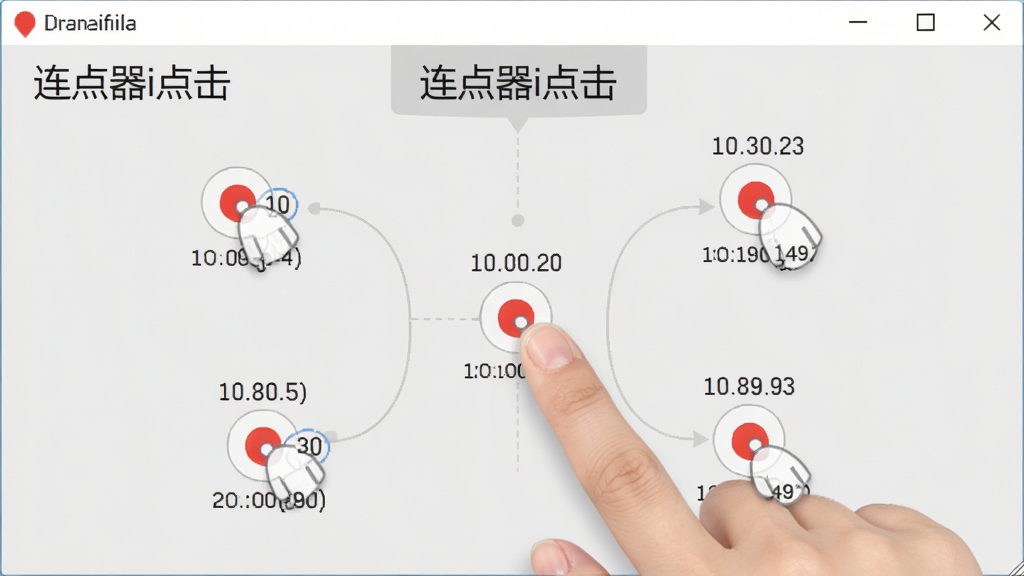 连点器i点击软件界面展示多点设置页面,屏幕上分布着几个红色标记的点击位置,每个点都有坐标显示,用户手指可拖动调整,界面简洁直观,背景浅灰色,文字标签“连点器i点击”清晰可见,画质干净,无多余元素