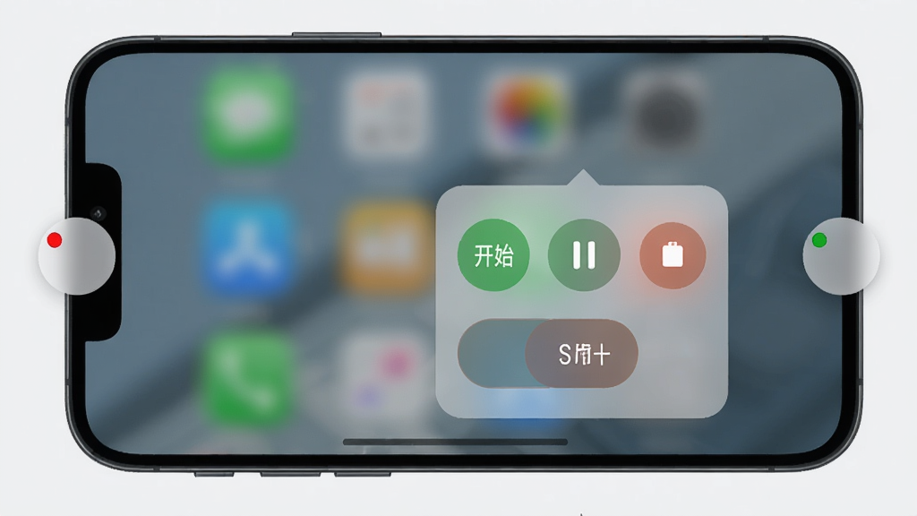 手机屏幕显示连点器i点击的悬浮窗控制界面,悬浮球在屏幕边缘,点击后展开功能菜单,包含开始、暂停、停止按钮,背景为半透明毛玻璃效果,画质清晰,干净整洁,无多余元素