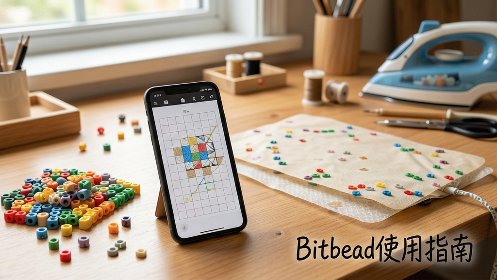 Bitbead应用在手机和平板上的使用场景,手机放在桌面上,屏幕显示网格绘制界面,旁边放着彩色拼豆和熨烫纸,背景是温馨的手工工作台,整体风格自然光线,清晰干净,无多余元素,图片配文“Bitbead使用指南”。