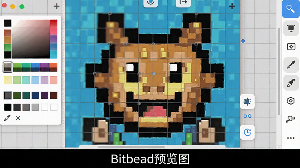 Bitbead应用界面截图,展示一个放大的网格画布,画布上有正在绘制的像素图案,左侧是颜色选择面板,右侧是工具选项,整体布局简洁,色彩鲜艳,画质干净,无多余元素,图片下方标注“Bitbead预览图”。