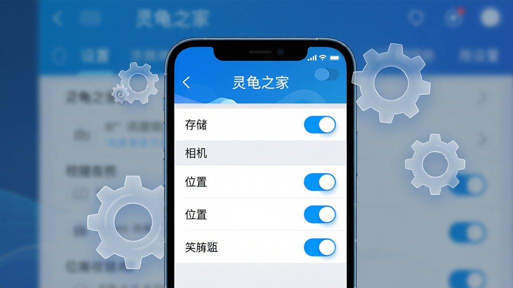 主体:手机屏幕上显示灵龟之家APP的设置界面,背景虚化,前景是清晰的应用权限管理选项,有“存储”、“相机”、“位置”等开关。布局:手机居中,屏幕内容放大,周围有半透明的齿轮图标。排版:设置列表清晰,开关状态可见。风格:科技感,简洁,蓝色调。细节:开关按钮高亮,文字清晰。画质:高清,干净,无多余元素