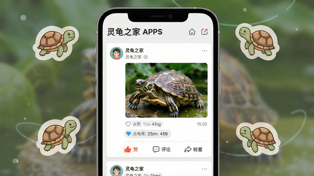 主体:“灵龟之家”APP社区互动界面,手机屏幕上显示龟友发布的乌龟照片动态,下方有点赞、评论、转发图标,背景是模拟的论坛帖子列表。布局:手机居中,屏幕内容放大展示,周围有漂浮的乌龟卡通图标。排版:界面清晰展示动态卡片、用户头像和互动按钮。风格:社交软件风格,界面简洁现代,色彩柔和。细节:乌龟照片清晰,评论数字可见,点赞图标高亮。画质:高清,干净,无多余元素